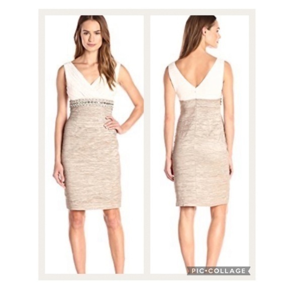 Eliza J Cream Taupe Crinkled Taffeta Jeweled Waist Double V Knee Length Dress 12